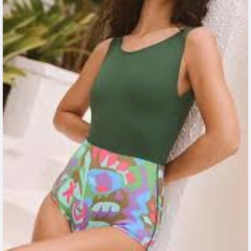 Free People Olive Green Tank One-Piece with Colorful High-Waist Floral Bottom